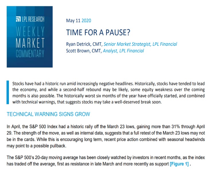 Time For A Pause? | Weekly Market Commentary | May 11, 2020