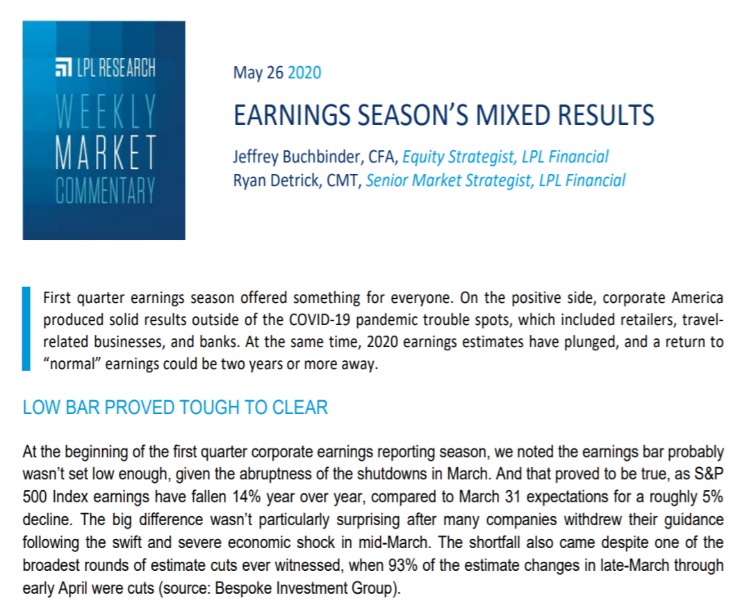 Earnings Season’s Mixed Results| Weekly Market Commentary | May 26, 2020