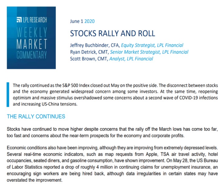 Stocks Rally and Roll | Weekly Market Commentary | June 1, 2020