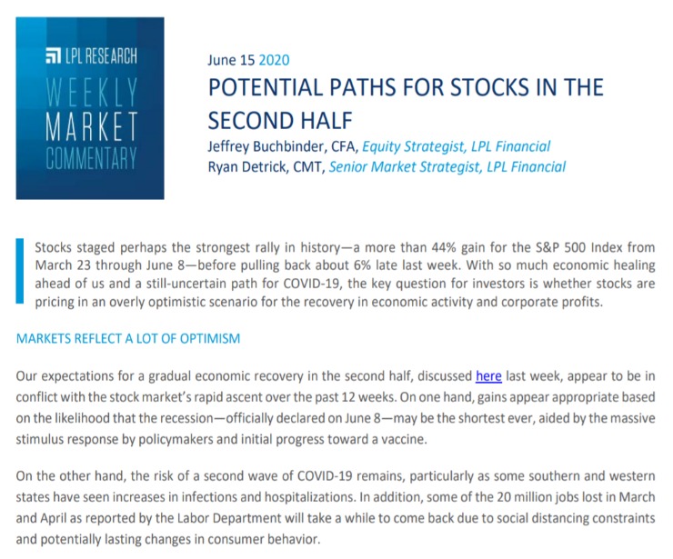 Potential Paths For Stocks In The Second Half | Weekly Market Commentary | June 15, 2020