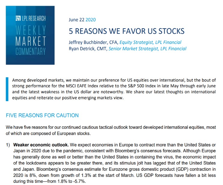 5 Reasons We Favor US Stocks | Weekly Market Commentary | June 22, 2020