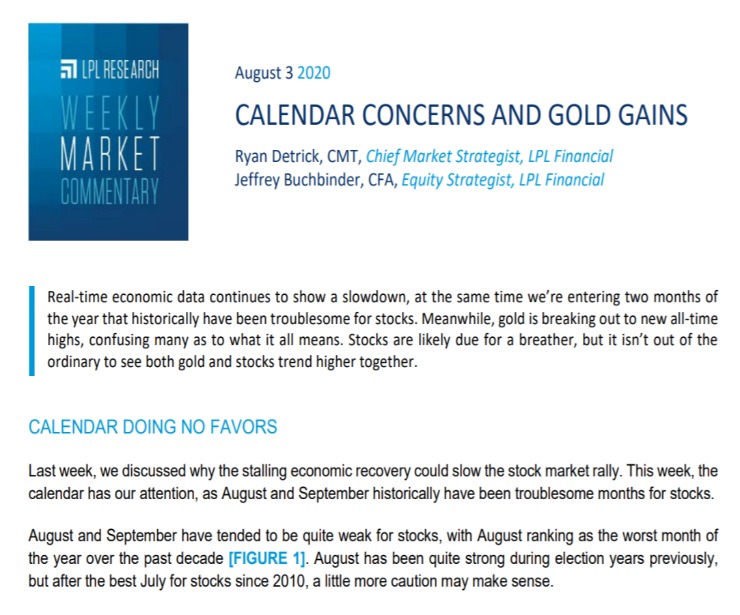 Calendar Concerns and Gold Gains| Weekly Market Commentary | August 3, 2020