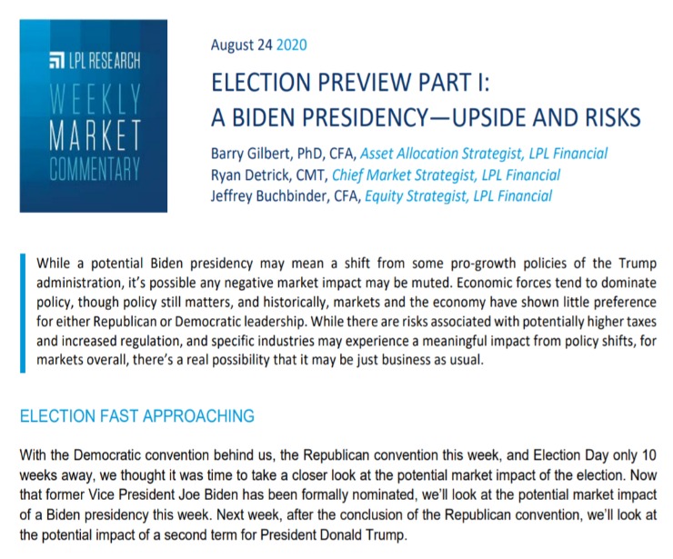 A Biden Presidency: Upside and Risks | Weekly Market Commentary | August 24, 2020