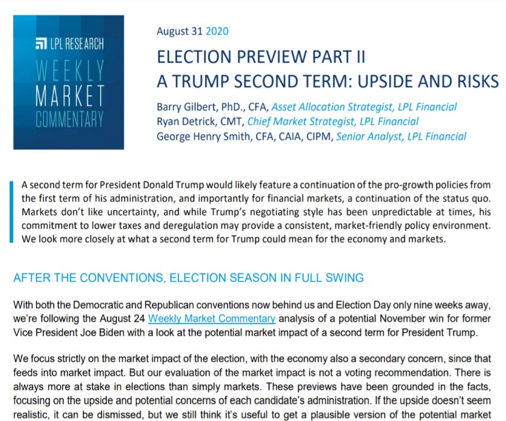 A Trump Second Term: Upside and Risks | Weekly Market Commentary | August 31, 2020