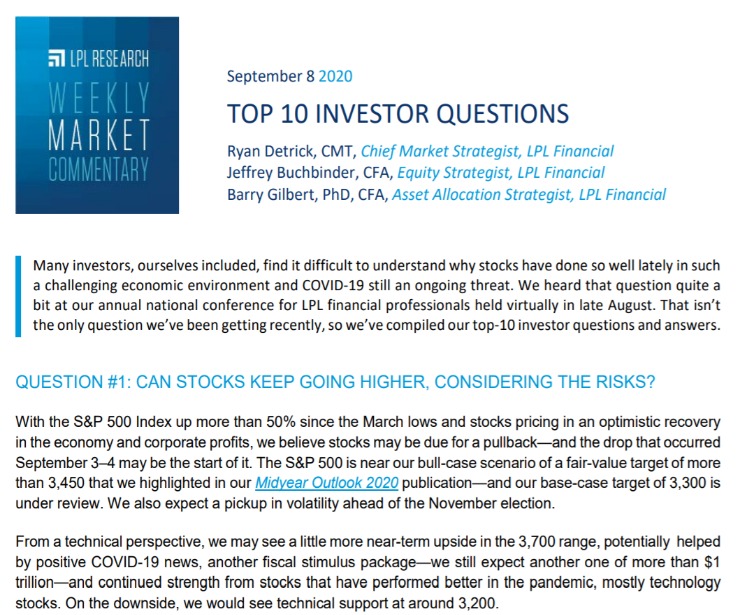 Top 10 Investor Questions | Weekly Market Commentary | September 8, 2020