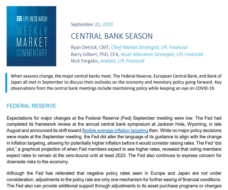 Central Bank Season | Weekly Market Commentary | September 21, 2020