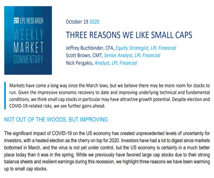 Three Reasons We Like Small Caps | Weekly Market Commentary | October 19, 2020