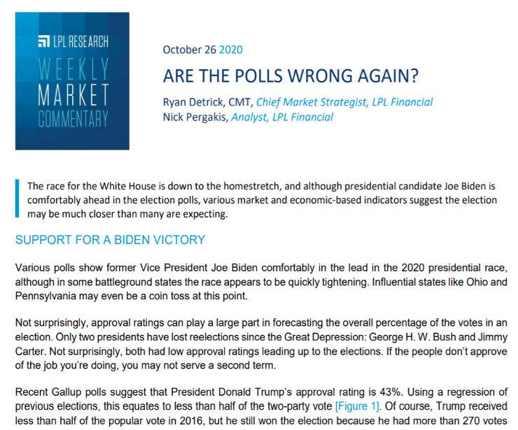 Are the Polls Wrong Again? | Weekly Market Commentary | October 26, 2020