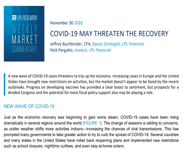 COVID-19 May Threaten the Recovery | Weekly Market Commentary | November 30, 2020