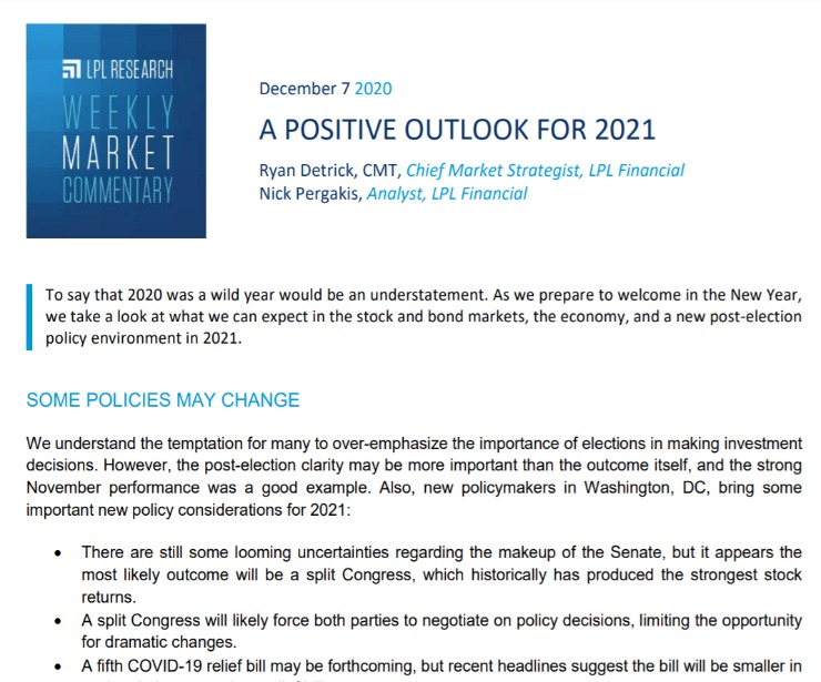 A Positive Outlook for 2021 | Weekly Market Commentary | December 7, 2020