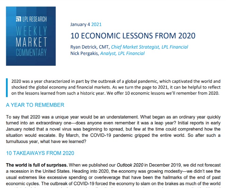 10 Economic Lessons from 2020 | Weekly Market Commentary | January 4, 2021