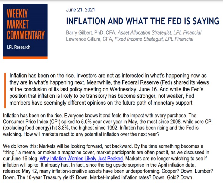 Inflation And What the Fed Is Saying | Weekly Market Commentary | June 21, 2021