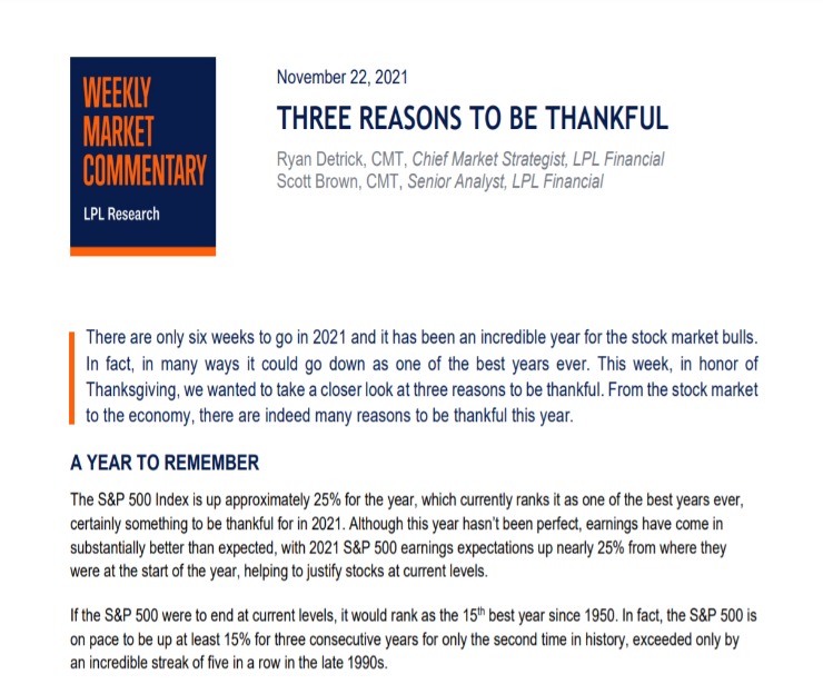 Three Reasons To Be Thankful | Weekly Market Commentary | November 22, 2021